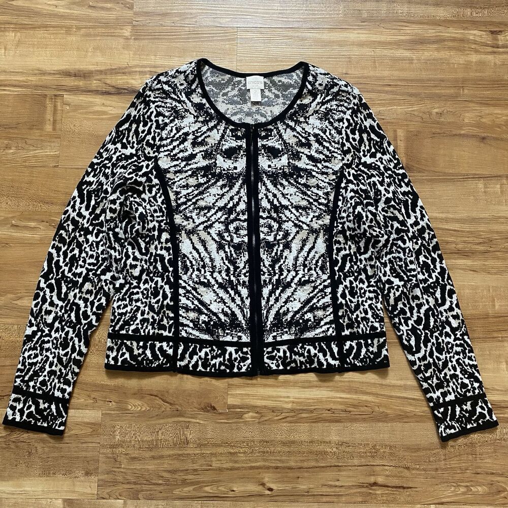 CHICO’S 2 Zip-Up Knit Sweater Blazer Jacket Black White Animal Southwestern L